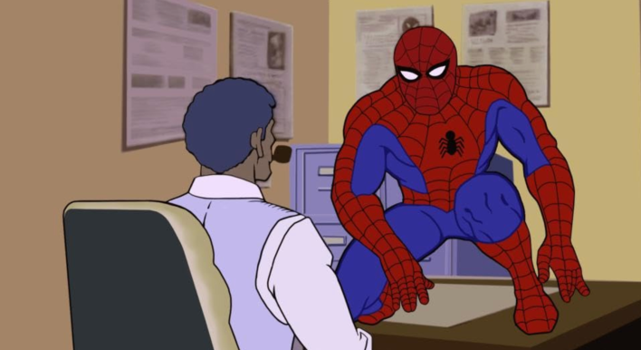 Animated Spider-Man, in his red and blue suit, crowches on a man's desk.